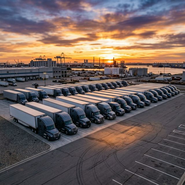 Trucks lined up at a freight terminal at sunset